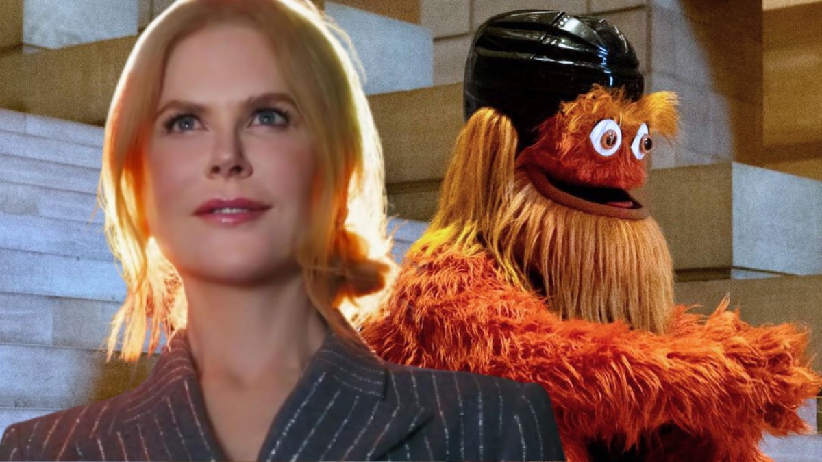 A composite image showing Nicole Kidman and Gritty as part of an article on the latter parodying the former's AMC ad.