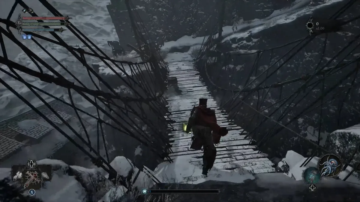 Image from Lords of the Fallen showing the player character crossing a bridge in the Fief of the Chill Curse.