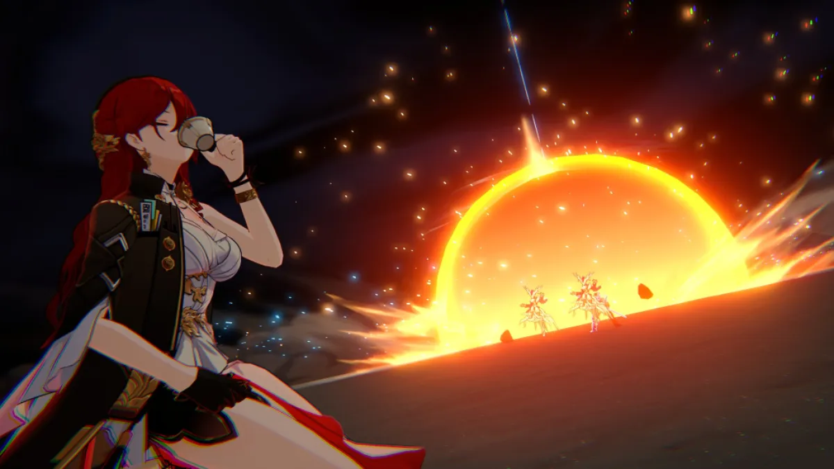 Изображение Химэко в Honkai: Star Rail, на котором виден взрыв вдалеке, она на переднем плане пьет чай.  Изображение использовалось как в лучшем руководстве по сборке Химэко в Honkai: Star Rail, так и в рейтинге всех персонажей в игре через список уровней.