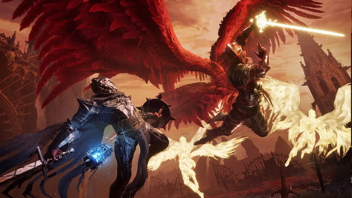 Knight fighting a winged man with light blades in Lords of the Fallen. Is there coop in this game?