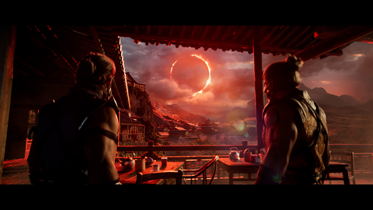 Image from Mortal Kombat 1 (MK1) showing two people looking an eclipse as part of an article on the game's messy, loveable PS2-era ending.