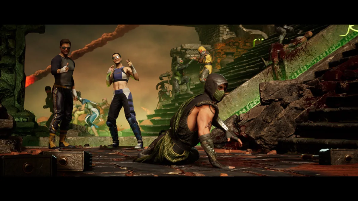 Image from Mortal Kombat 1 (MK1) showing such characters as Johnny Cage and Reptile as part of an article on the game's messy, loveable PS2-era ending.