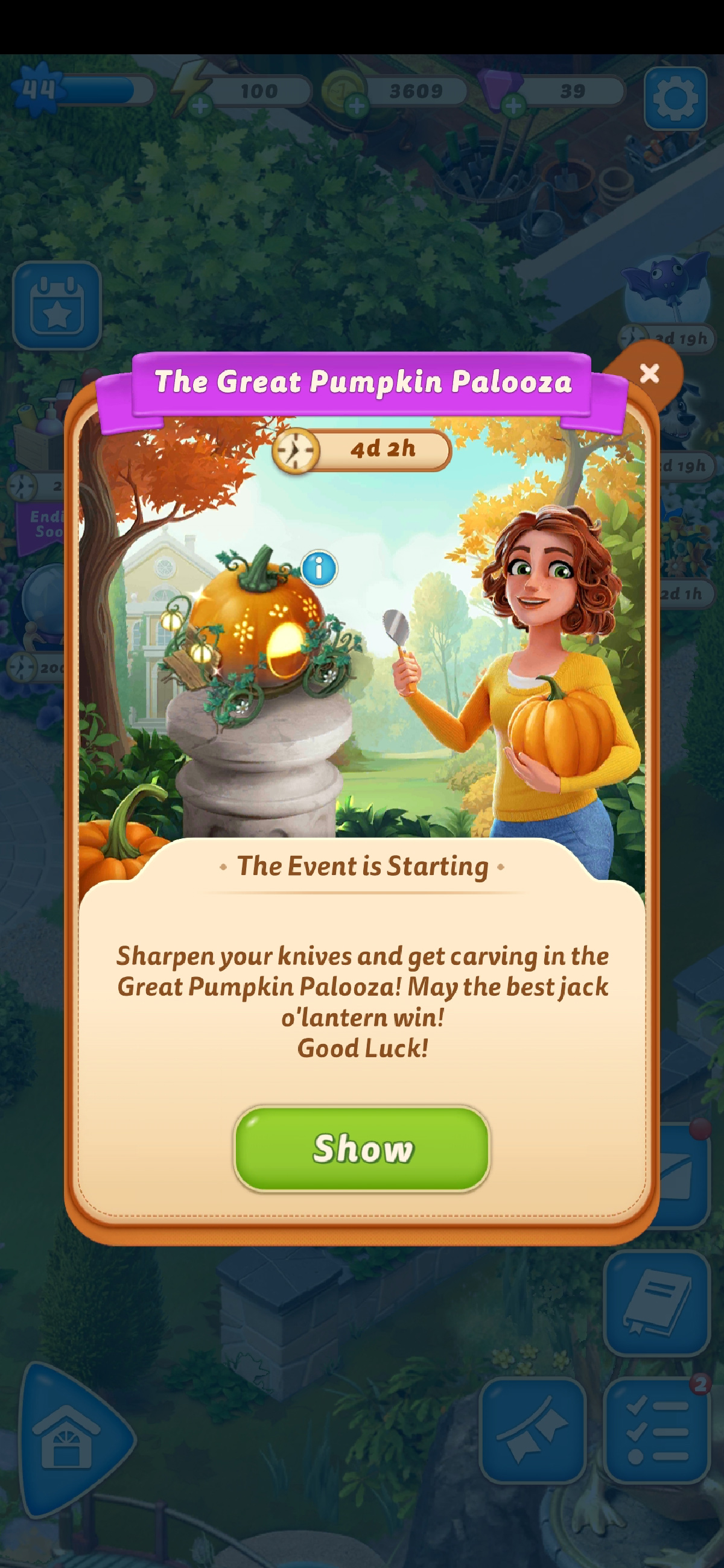 La imagen de Merge Mansion que muestra el texto del evento The Great Pumpkin Palooza funciona como parte de un artículo que explica todas las recompensas y cómo ganar en el evento.