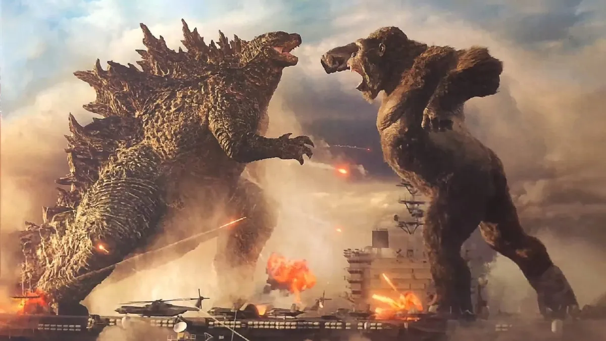 An image from Godzilla vs. Kong showing the two fighting as part of a ranked list talking about their MonsterVerse projects from worst to best.