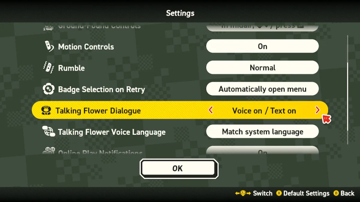 An image showing the menu for turning off the talking flower dialogue in Super Mario Bros. Wonder as part of a guide on how to do that.