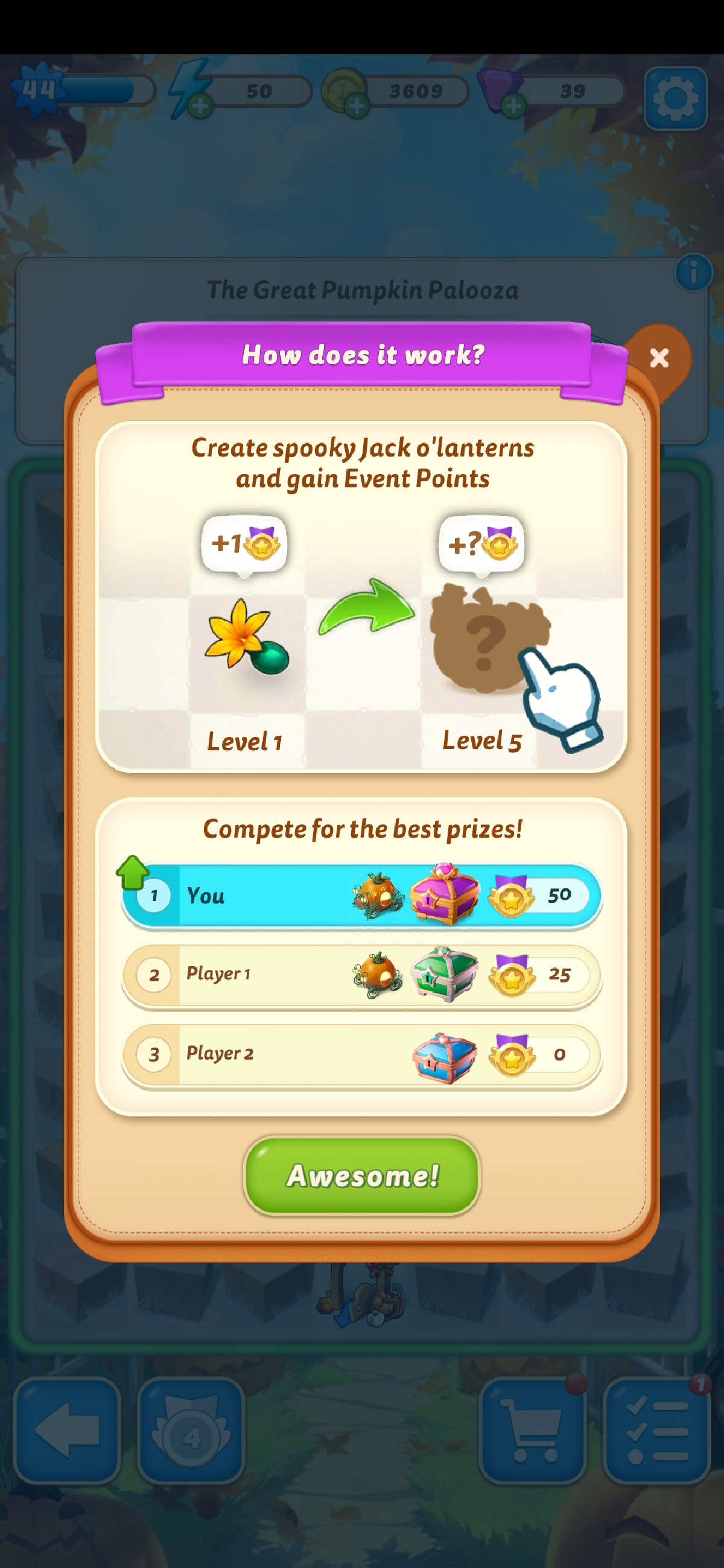 Image from Merge Mansion showing how The Great Pumpkin Palooza event works as part of an article explaining all the rewards and how to win at the event.