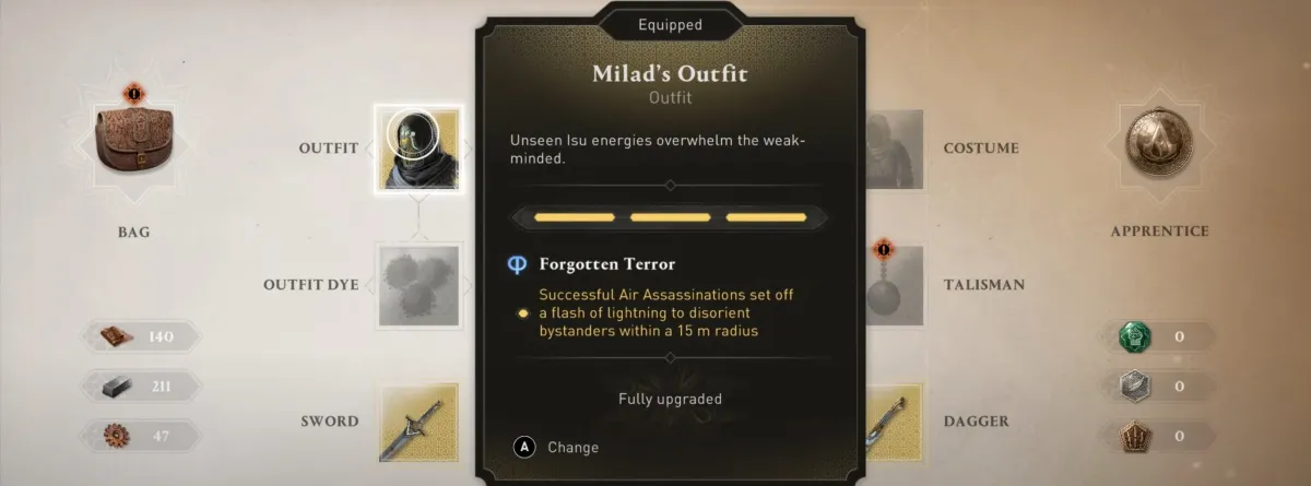Экран инвентаря, показывающий одежду Милада в Assassin's Creed Mirage (AC Mirage)