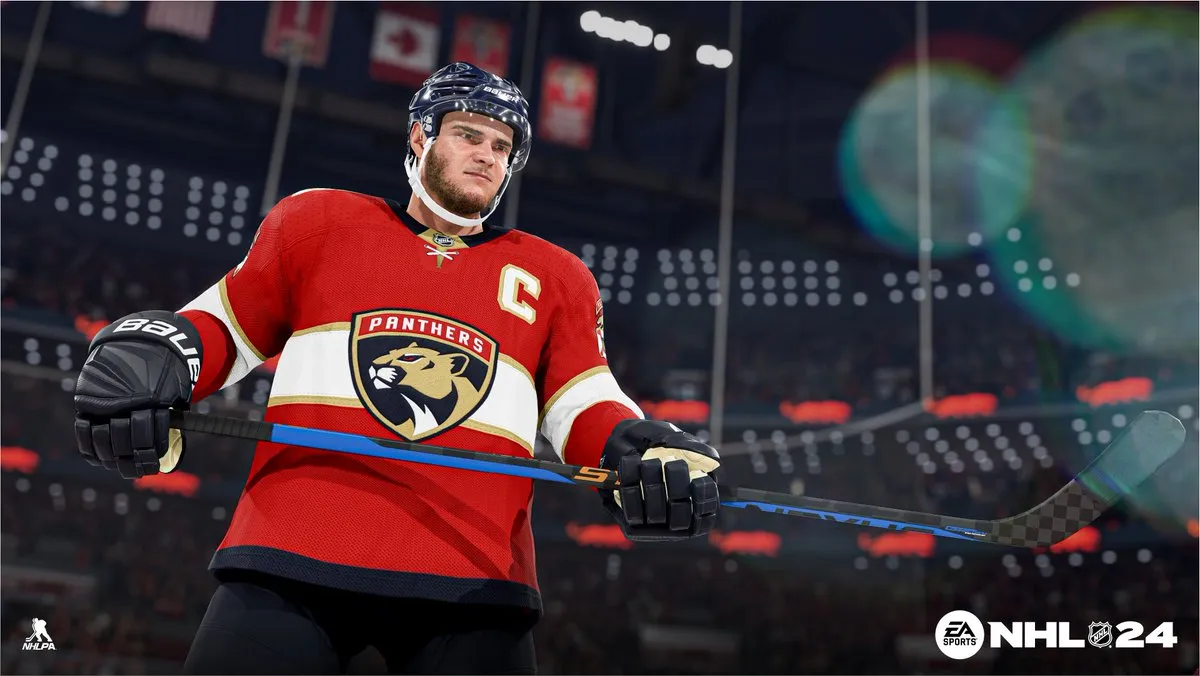 Image from NHL 24 showing the captain of the Florida Panthers as part of an article on goalie builds.