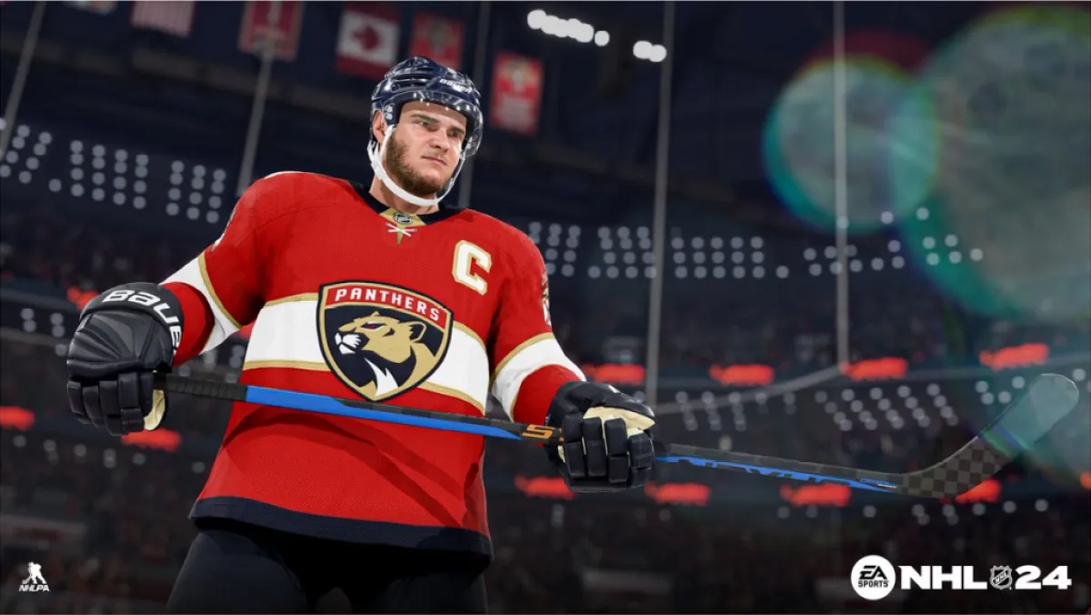 A Panthers play in NHL 24. This image is part of an article about why NHL 24 isn't on PC.