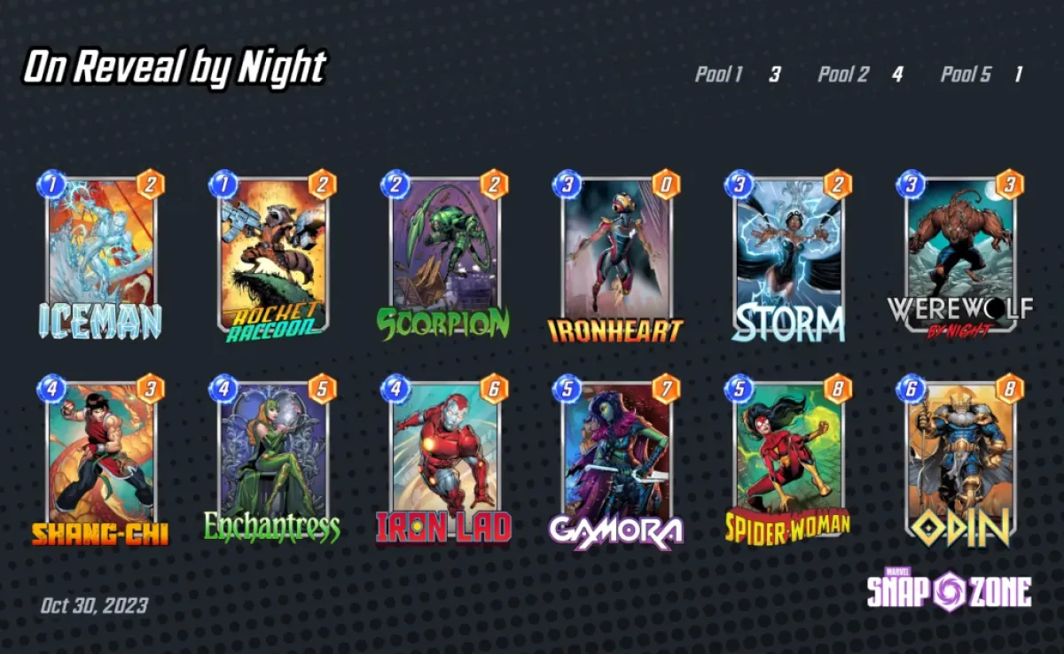 An image of an On Reveal deck featuring Werewolf by Night as part of an article on the best cards featuring that character in Marvel Snap.