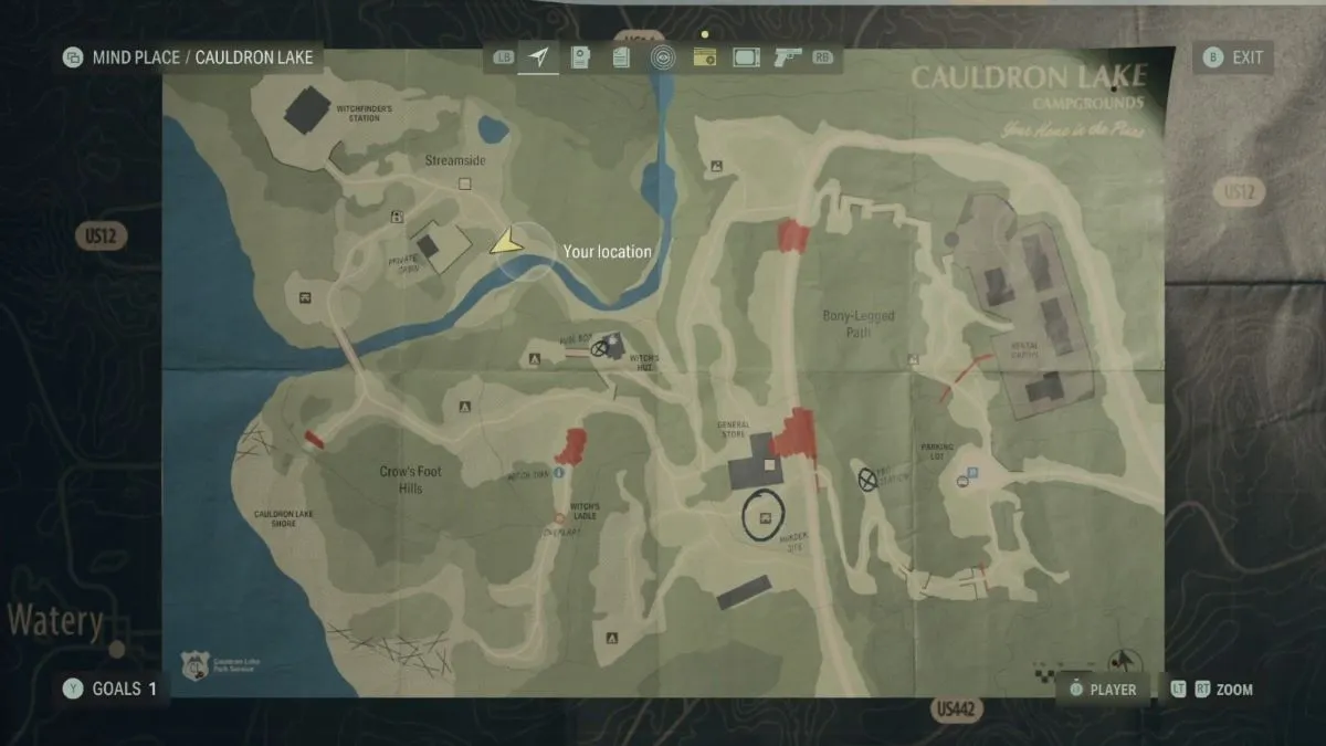 Карта расположения головоломки Rock Rock Tree в Alan Wake 2.