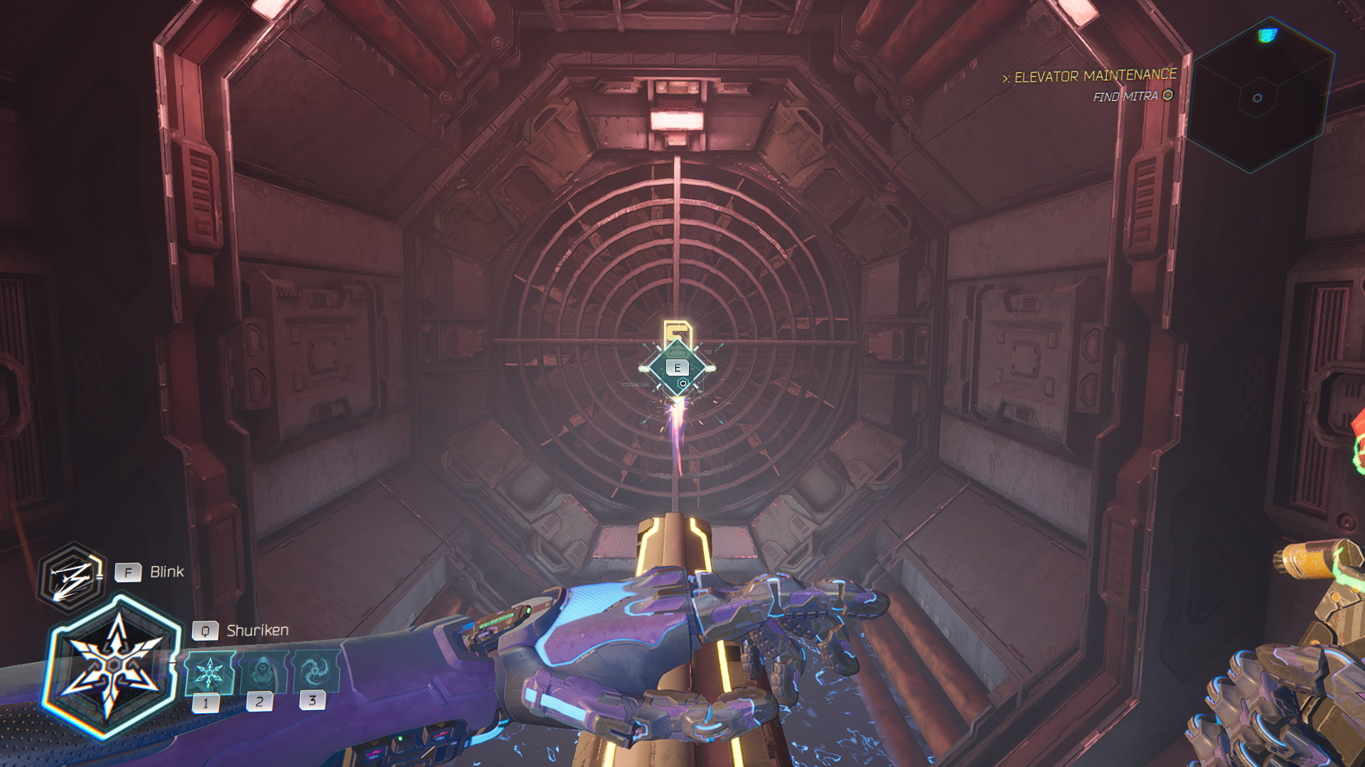 An image from Ghostrunner 2 Chapter 16 that shows Jack in a ventilation shaft looking at an Artifact as part of a guide on how to get every collectible in the level.