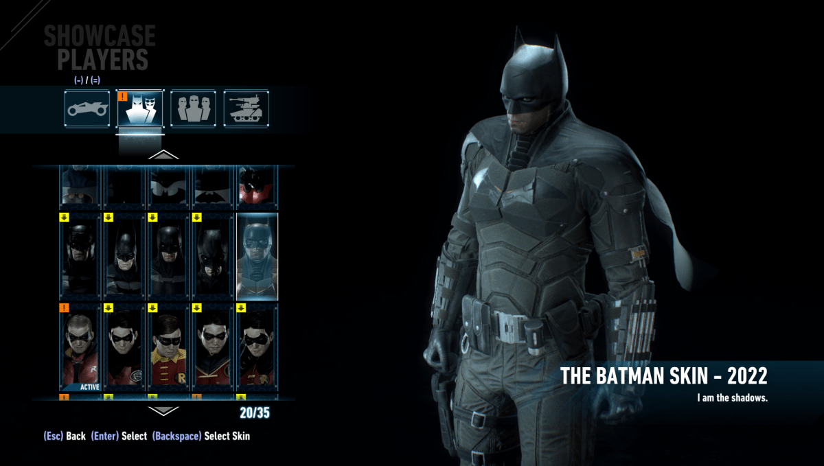An image showing the Robert Pattinson Batman skin in Arkham City.