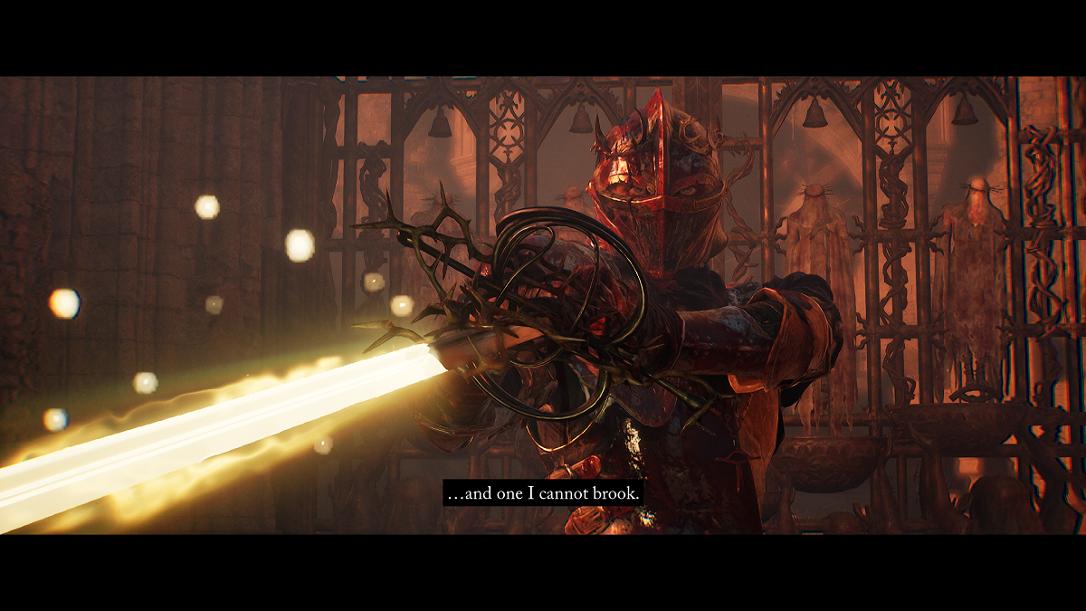 Screenshot of the Pieta boss raising her sword at the player in Lords of the Fallen.