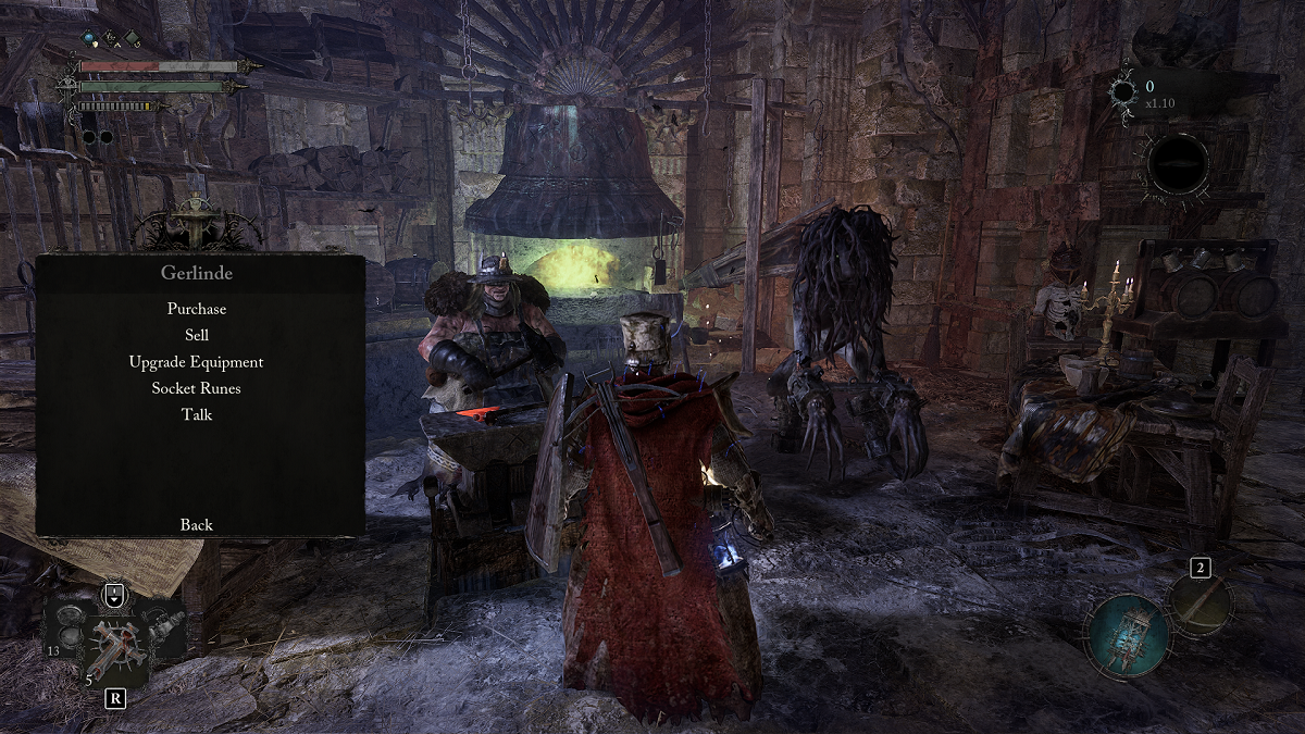 Knight shopping at blacksmiths shop to slot in weapon Runes in Lords of the Fallen.