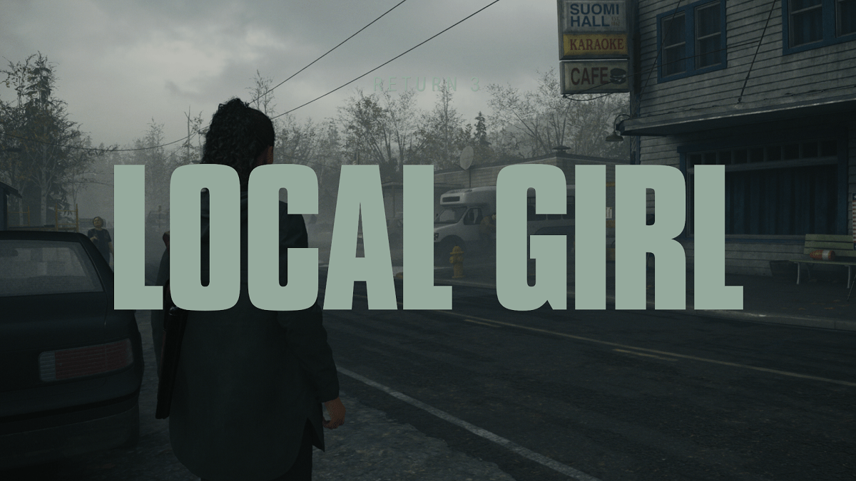 An image of Saga in Alan Wake 2 as part of an article on how Remedy should continue to use the Control style for future games. The image shows Saga standing on the side of a road with the words "Local Girl" printed on top of her in bold, grey letters.