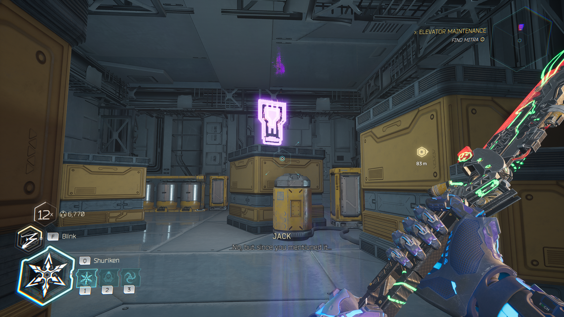 An image from Ghostrunner 2 Chapter 16 that shows Jack in a warehouse filled with yellow crates with a Memory Shard on one of the crates as part of a guide on how to find all of the collectibles in the level.