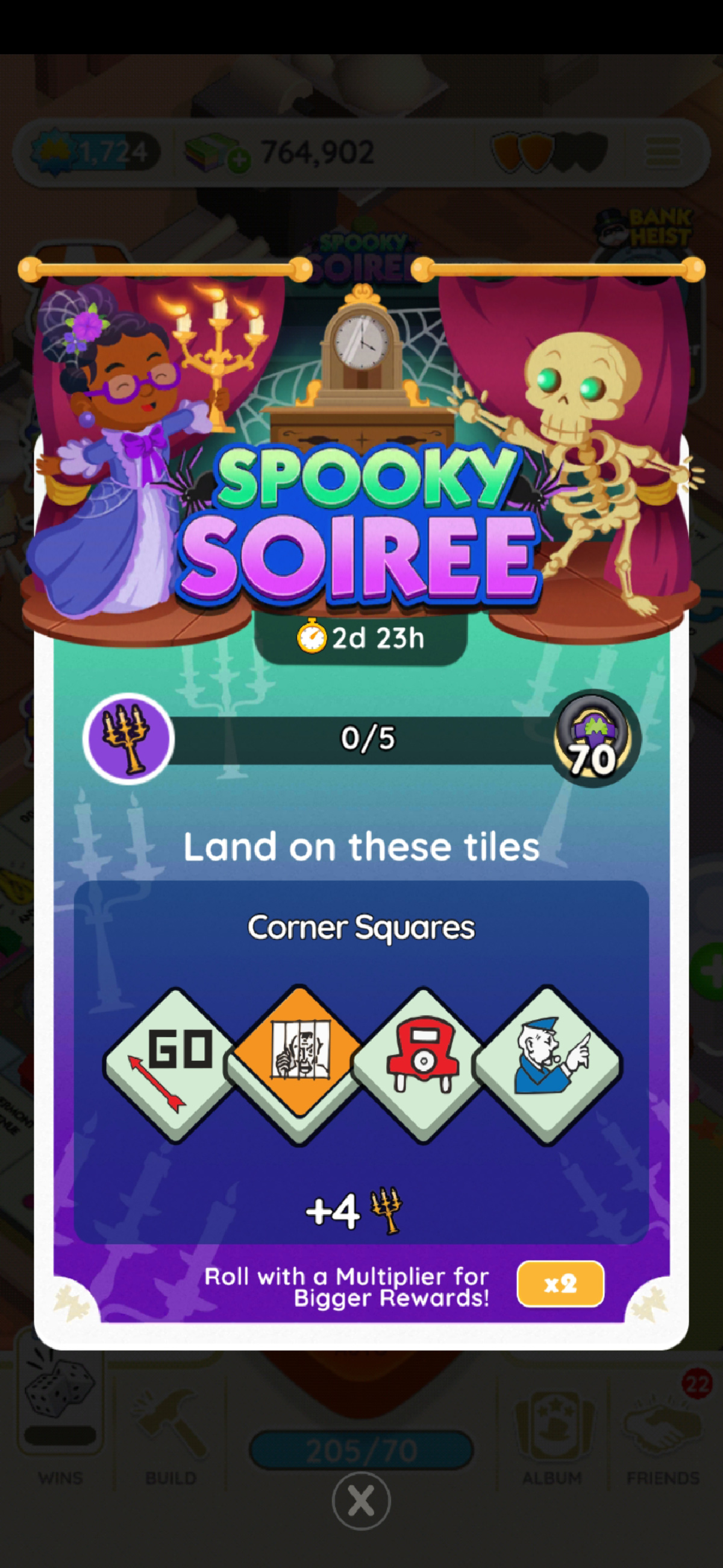 An image showing how the Spooky Soiree event works in Monopoly GO as part of an article on that subject, as well as the rewards, milestones, and how to win. The image itself shows the tiles requires for the event as well as a woman holding a candlestick and a skeleton on either side of a mantle clock.