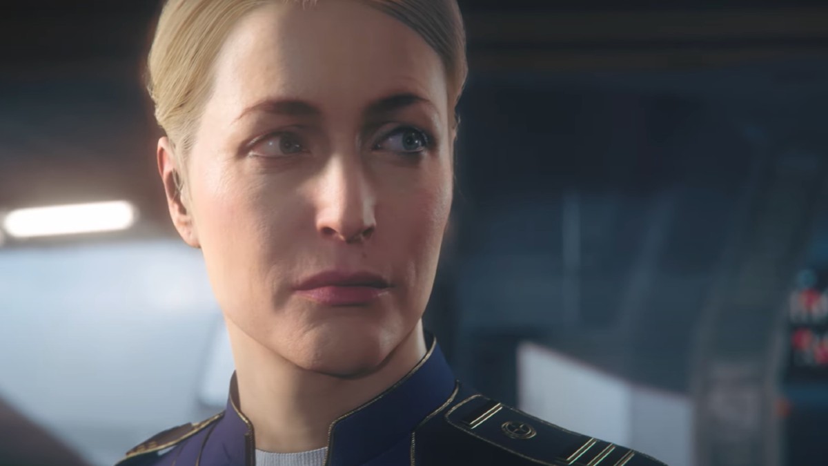 Squadron 42 has hit a development milestone. The image shows a close-up of a digital version of Gillian Anderson from Squadron 42.