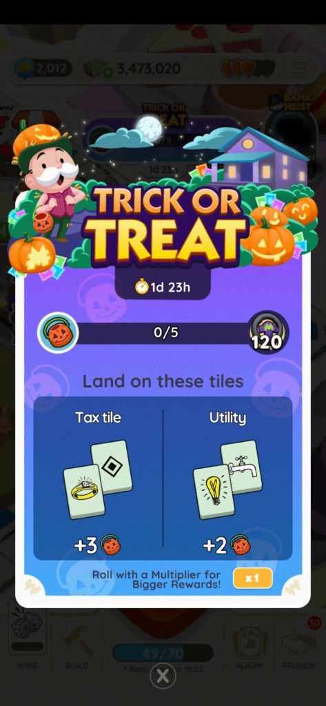 An image for the Trick or Treat event in Monopoly GO. The image shows Uncle Pennybags wearing a jack-o-lantern on his head and holding a basket to go trick or treating. The image is part of an article on all the rewards and milestones for Trick or Treat in Monopoly GO as well as how to win them.