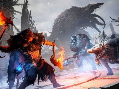 A Warwolf attacking some enemies with flaming axes in Lords of the Fallen