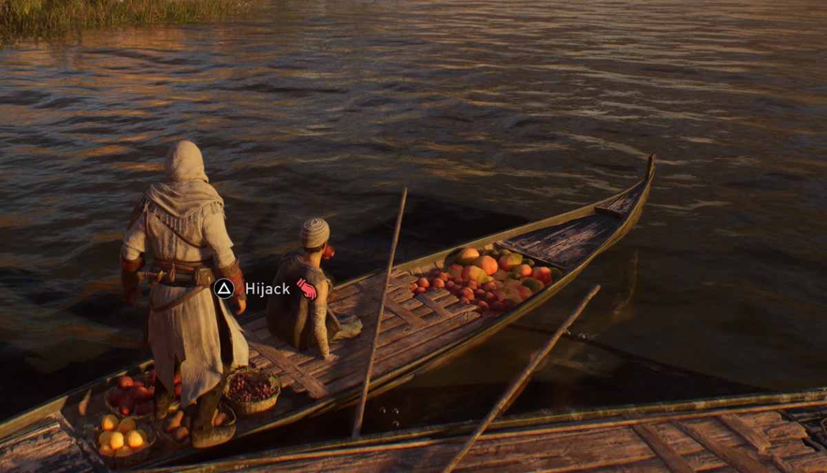 An image from Assassin's Creed Mirage (AC Mirage) of stealing a boat as part of an article about how to steal boats and use them in the game.