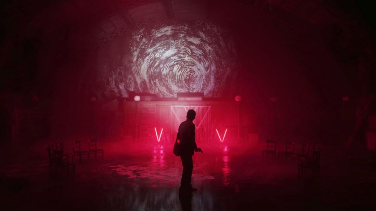 An image from Alan Wake 2 showing Saga standing in front of an ominous looking door illuminated in red.