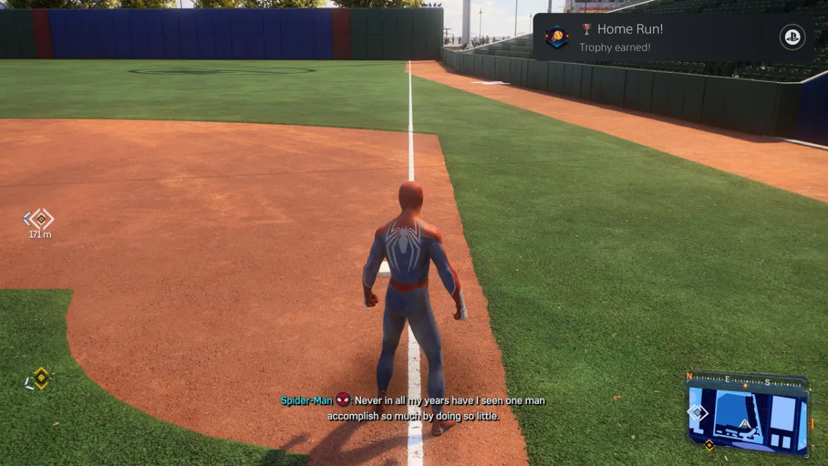 An image showing Peter Parker rounding the bases in Marvel's Spider-Man 2, with the "Home Run!" trophy having popped in the top corner.