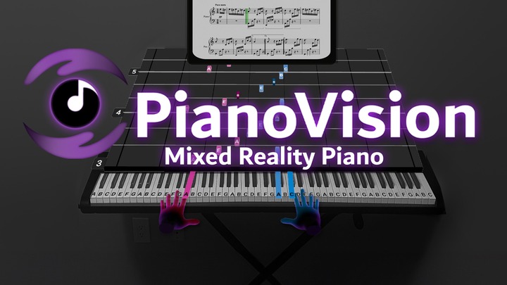 Una imagen de PianoVision, que forma parte de una lista de los mejores juegos de realidad mixta de Meta Quest 3. La imagen muestra unas manos flotando sobre un piano.