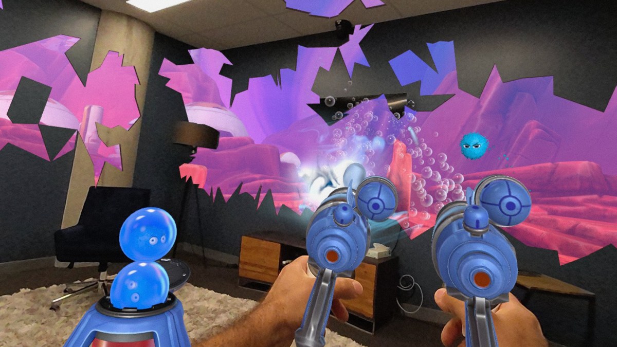 An image from First Encounters as part of an article on the best mixed reality games for the Meta Quest 3. The image shows a pair of hands holding a pair of sci-fi looking guns firing bubbles through their walls at a fuzzy creature.