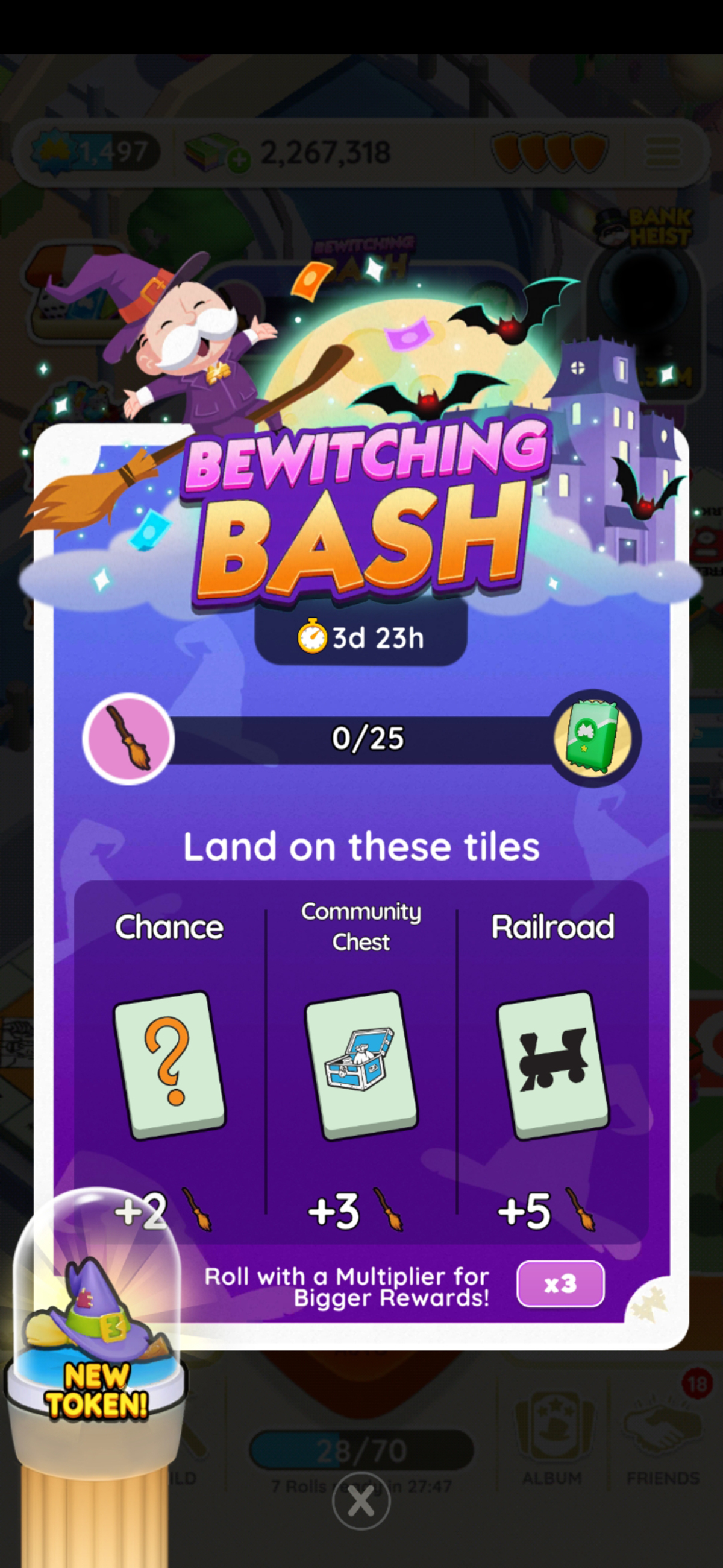 An image of the rules for the "Bewitching Bash" event in Monopoly GO. The image shows Rich Uncle Pennybags flying on a broomstick towards a moon and some bats.