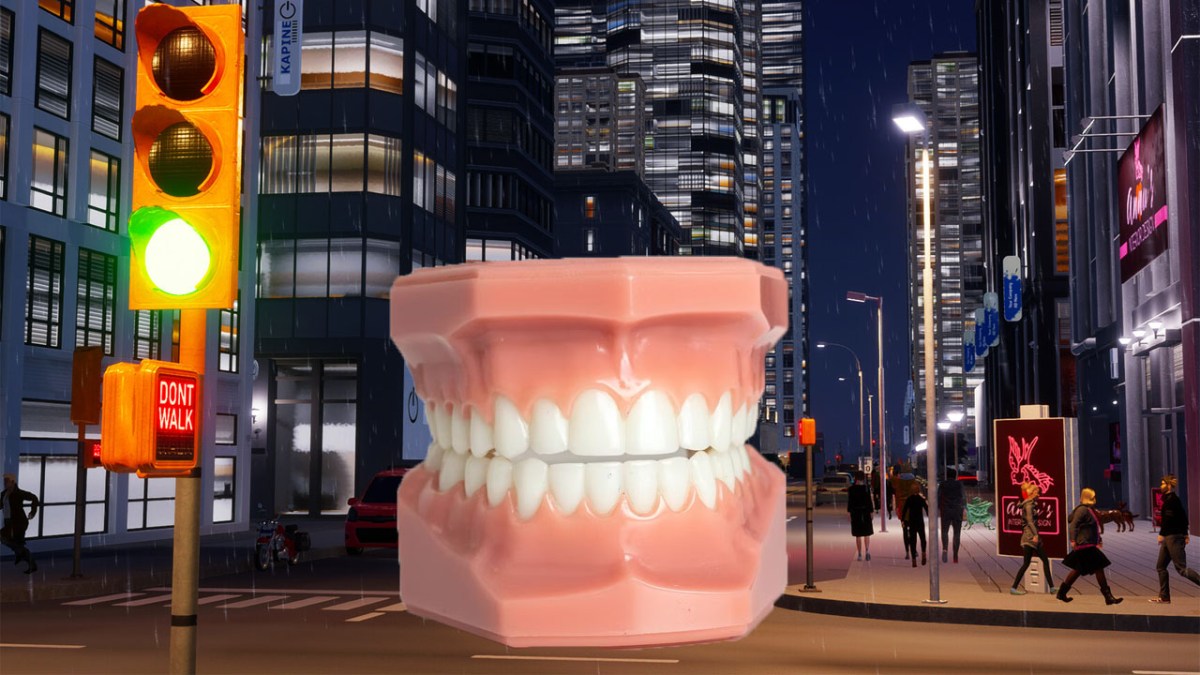 Cities: Skylines 2 with a big pair of false teeth in a street. Could teeth be slowing the game down?