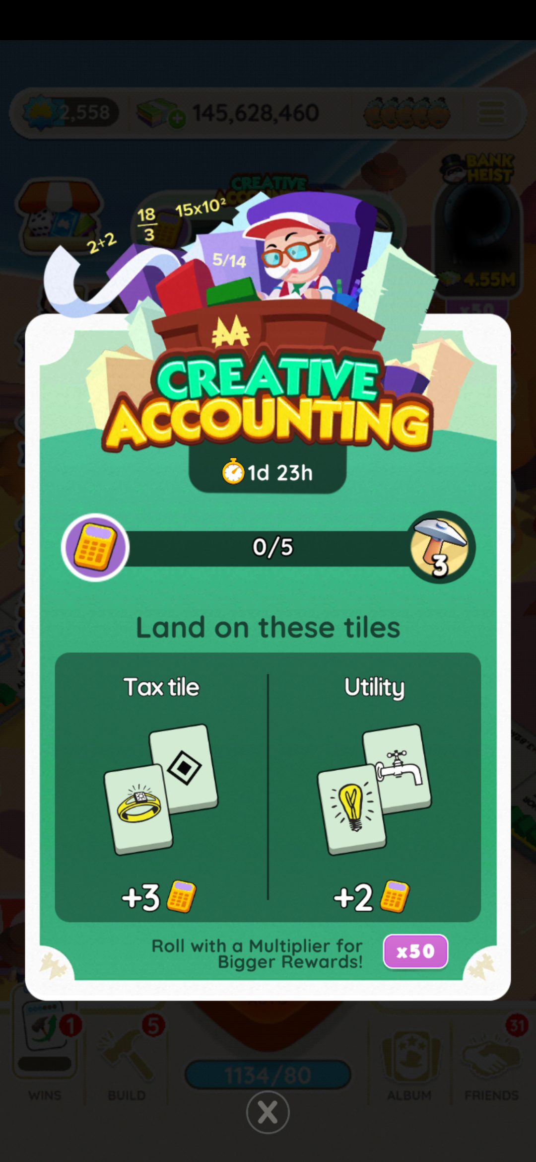 An image from the Creative Accounting event in Monopoly GO showing Rich Uncle Pennybags sitting at a desk and doing math while numbers and equations float around his head as part of a list on all the rewards, milestones, and prizes one can get for the event and how to play it and win it.