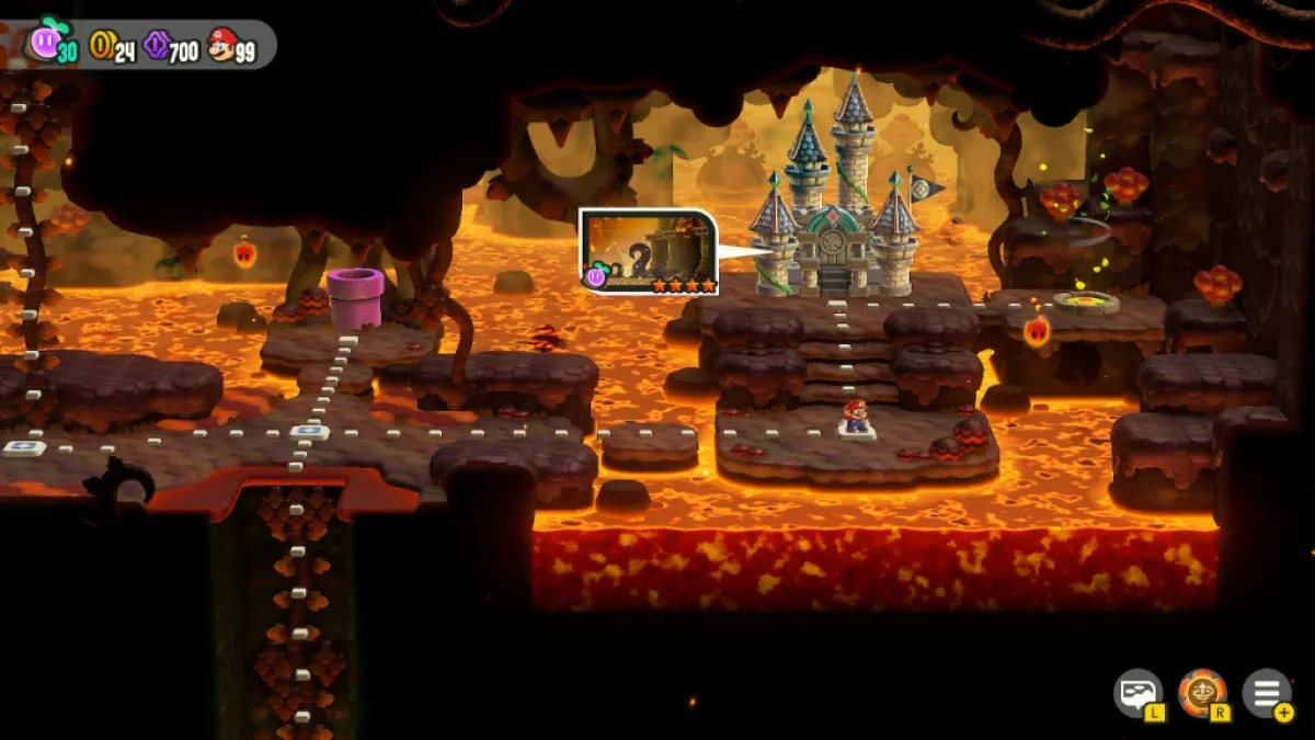 A screenshot from the Deep Magma Bog world in Super Mario Bros Wonder.