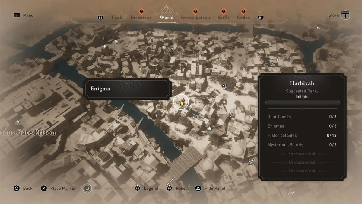 A map from Assassin's Creed Mirage showing where to find the "Left Behind Enigma Puzzle" in the game, as part of an article on how to solve it.