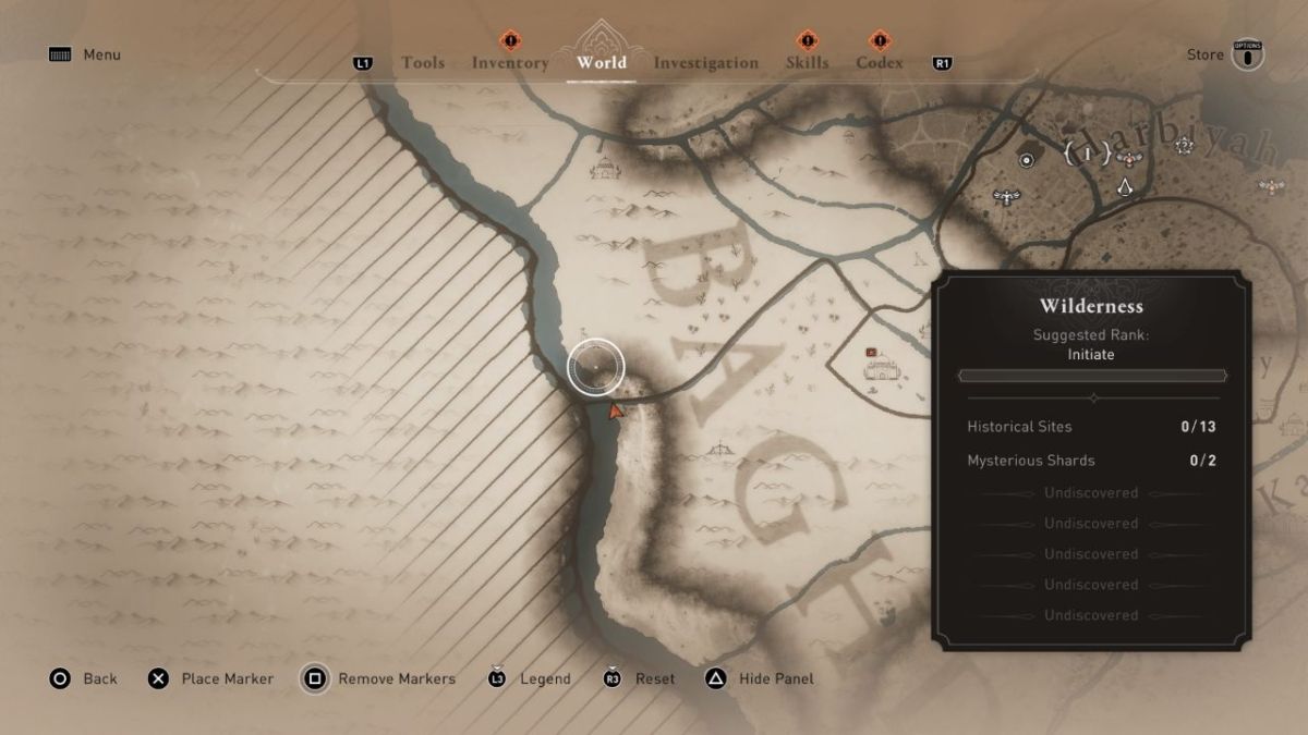 Un mapa de Assassin's Creed Mirage que muestra dónde encontrar la solución al problema. "Rompecabezas del enigma dejado atrás" en el juego, como parte de un artículo sobre cómo solucionarlo.