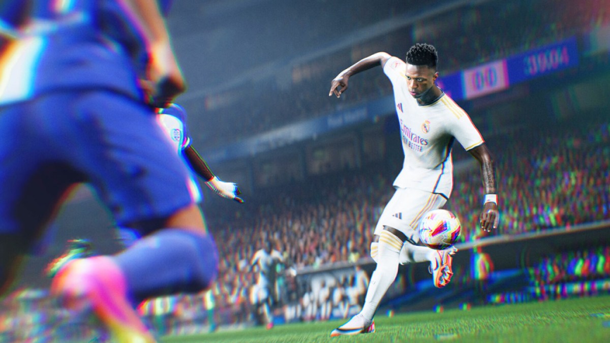 A player kicking a ball in EA Sports FC 2024. This image is part of an article about when TOTS starts in FC 24.