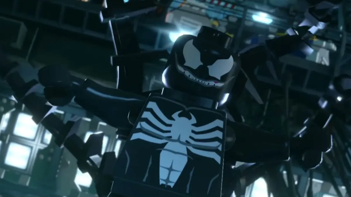 An image of LEGO Venom looking angrily at the viewer as part of an article on the best games featuring the Marvel's Spider-Man villain.