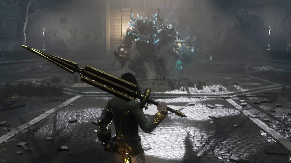 Image showing P going against the Corrupted Parade Master boss in Lies of P as part of a guide on how to beat him.