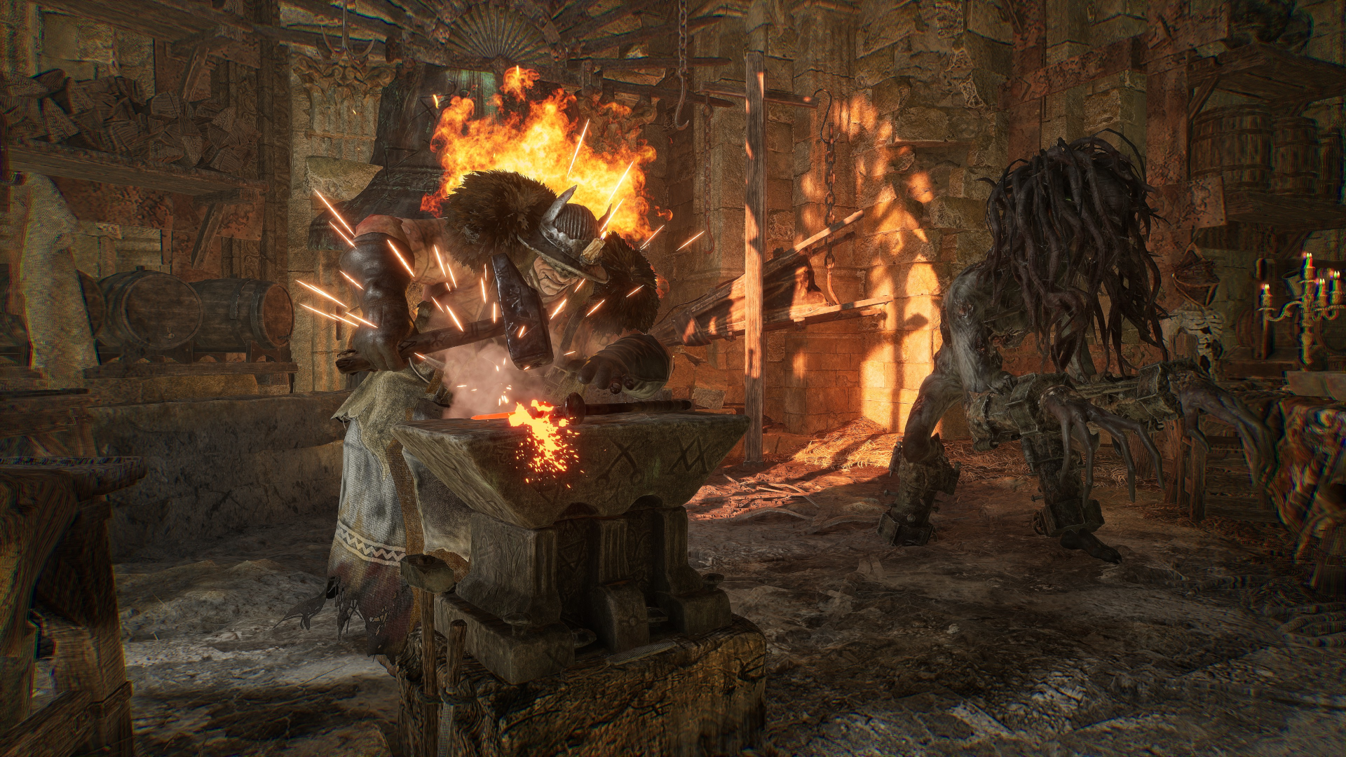 gerlinde working on a weapon in lords of the fallen as part of a guide on where to find her.