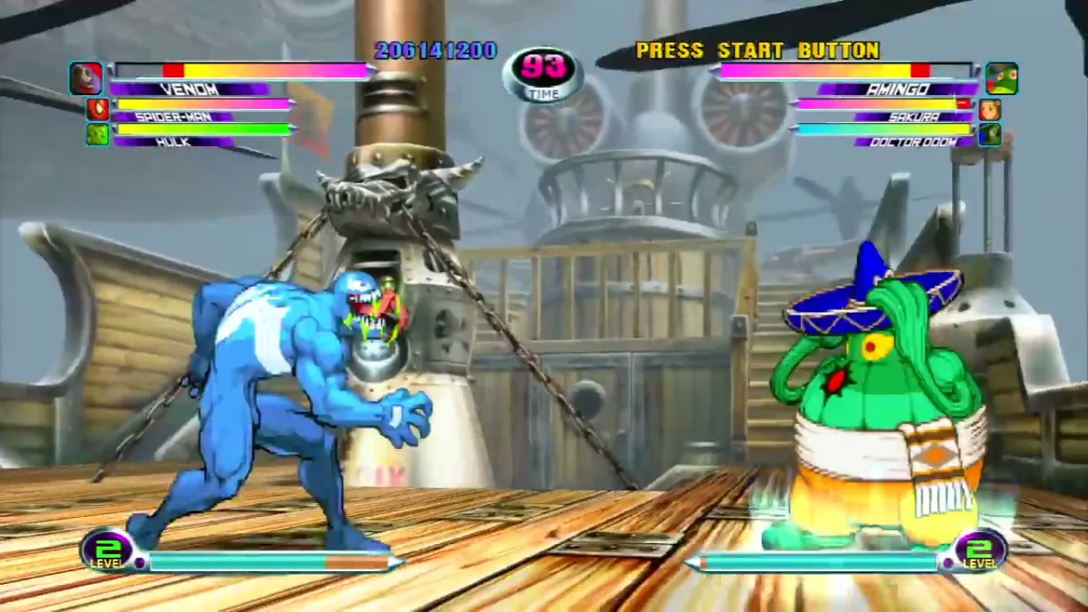 An image from Marvel Vs. Capcom 2 showing Venom facing off against Amingo as part of an article on the best games featuring the former Spider-Man villain.
