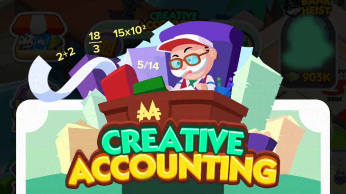 A header image for the Creative Accounting event in Monopoly GO as part of a guide on all the rewards you can get in it and how to get them.