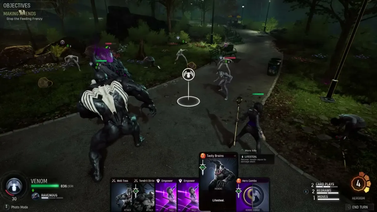 An image from Marvel's Midnight Suns showing Venom in action against various monsters, with Nico Minoru standing at his side, as part of an article on the best games featuring the Marvel's Spider-Man villain.