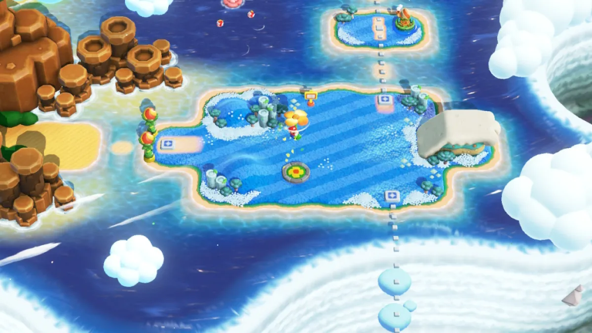 A screenshot of the Petal Isles world in Super Mario Bros Wonder.