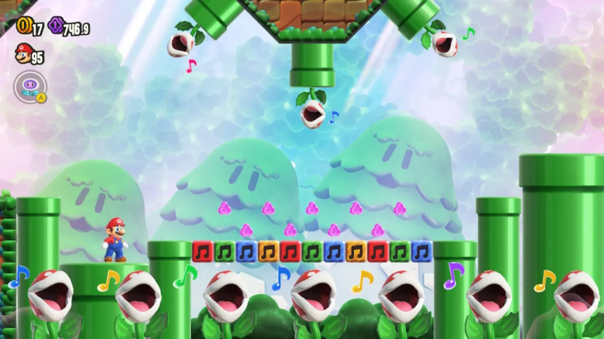 An image from Piranha Plants on Parade showing Mario standing on the left side of the screen while piranha plants fill the screen with musical notes. The image is part of an article on the best levels and stages in Super Mario Bros. Wonder.