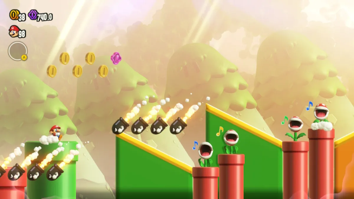 An image from Piranha Plant Reprise showing bullet bills and piranha plants attacking Mario as part of an article on the best levels in Super Mario Bros. Wonder.