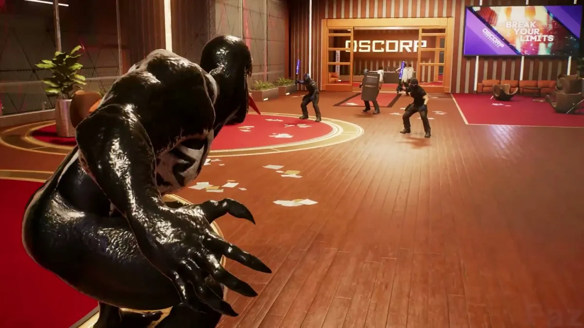 An image from Marvel's Spider-Man 2 showing Venom about to face off against several armed guards at Oscorp, as part of an article on the best games featuring the symbiote.