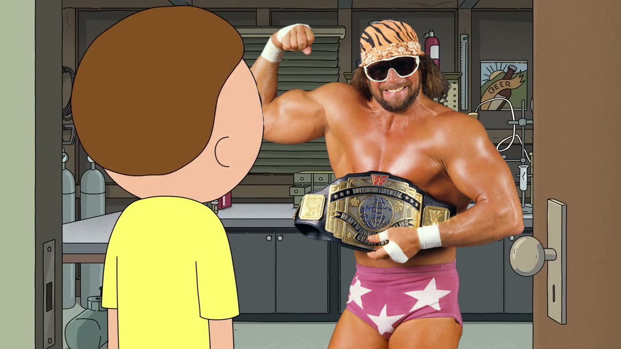Morty from Rick and Morty opening the door to find Macho Man Randy Savage.