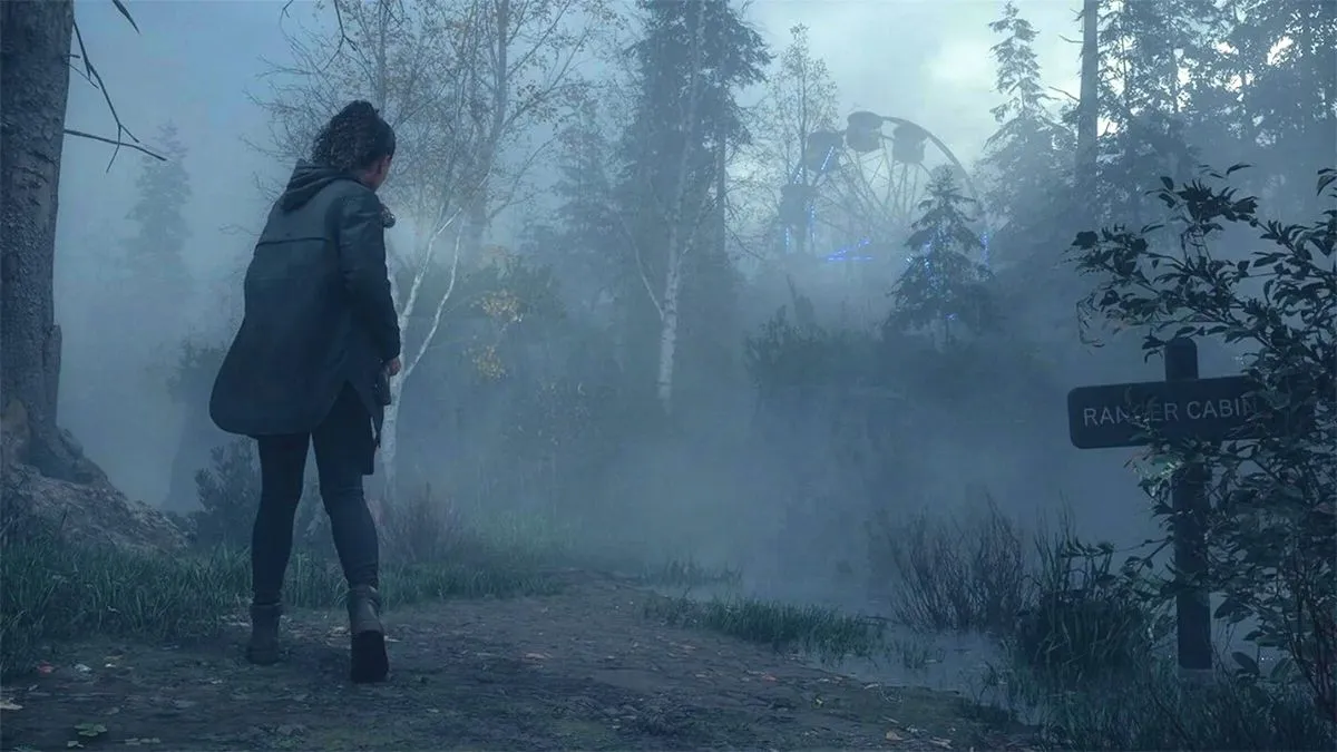 Saga Anderson walking in the forest in Alan Wake 2