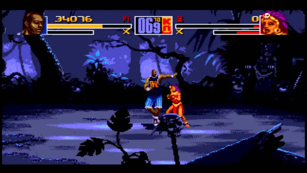 An image of Shaq fighting a woman in a headdress as part of an article ranking the worst video games of all time, among which Shaq Fu has a place.